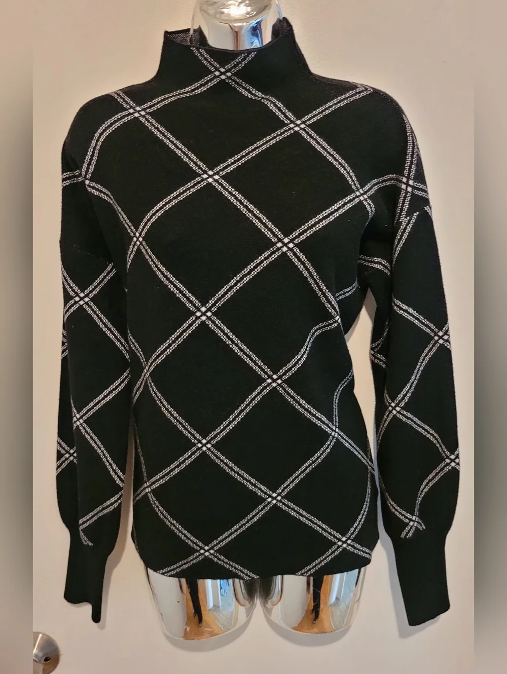 Tahari Black Turtleneck Sweater with White Windowpane - Picture 3 of 7